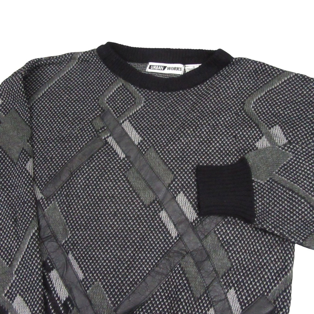 Urban Works Mens Vintage 90s Geometric Leather Trim Knit Sweater Black Size S